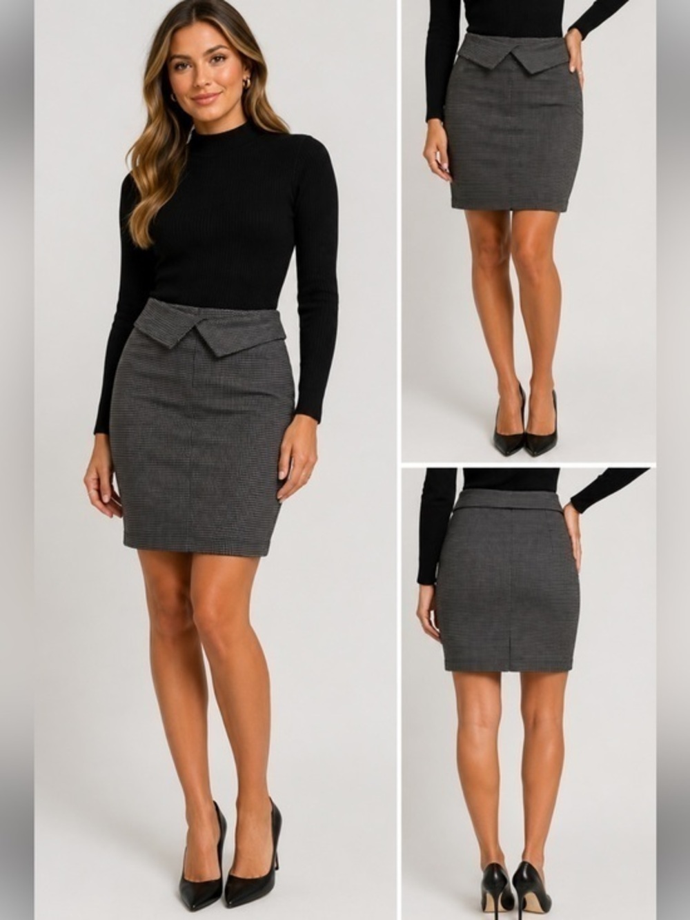 Anna Cathrine Plaid Collared Pencil Skirt Size Large Gray Black Stretch